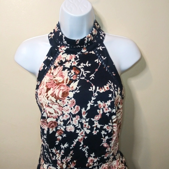 B. Darlin Navy & Mauve Rose Floral Halter Style Skater Dress - Picture 2 of 11